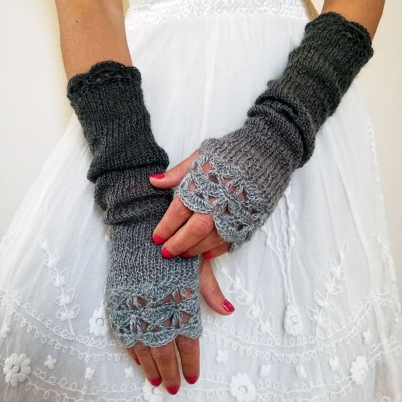 Midnight Shadows Handmade Knit Fingerless Long Gloves Ombre Grey to Black - Picture 5 of 7